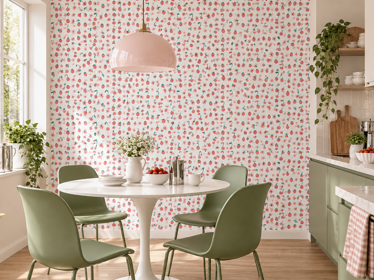 Papier peint à motif Cerise des Prés sur le mur d’une cuisine contemporaine blanche