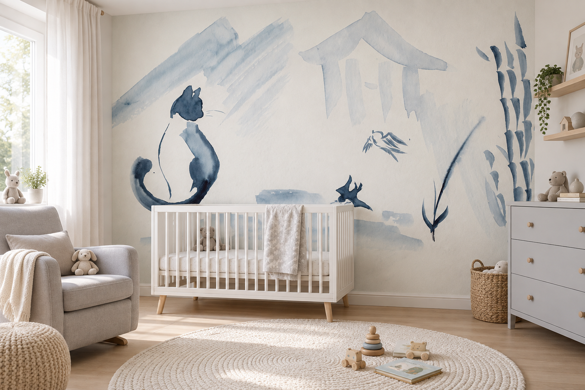 Papier peint Chats d’Encre dans une chambre bébé lumineuse et minimaliste