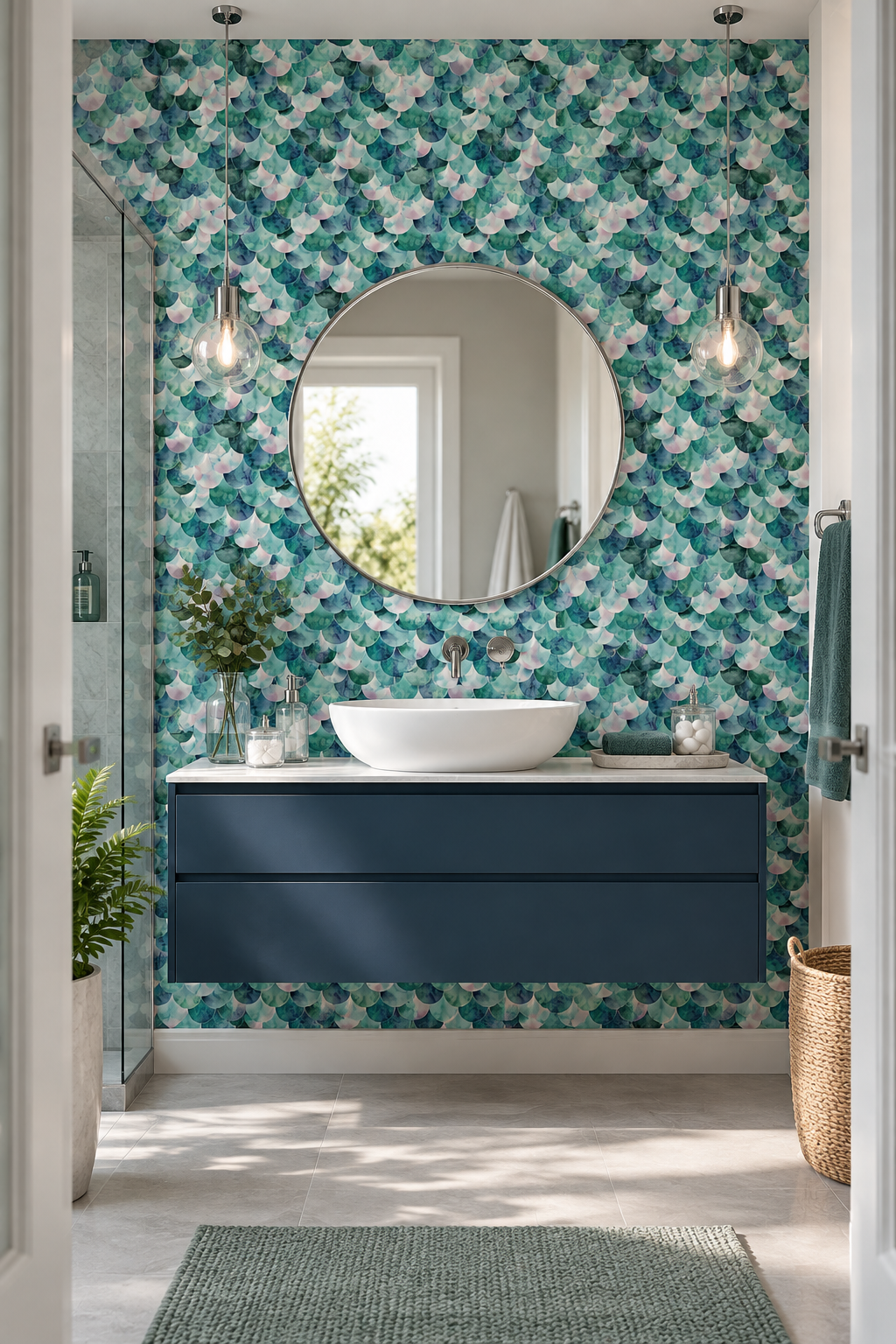 Papier peint à motif Écailles Opaline dans une salle de bain graphique aux détails chromés