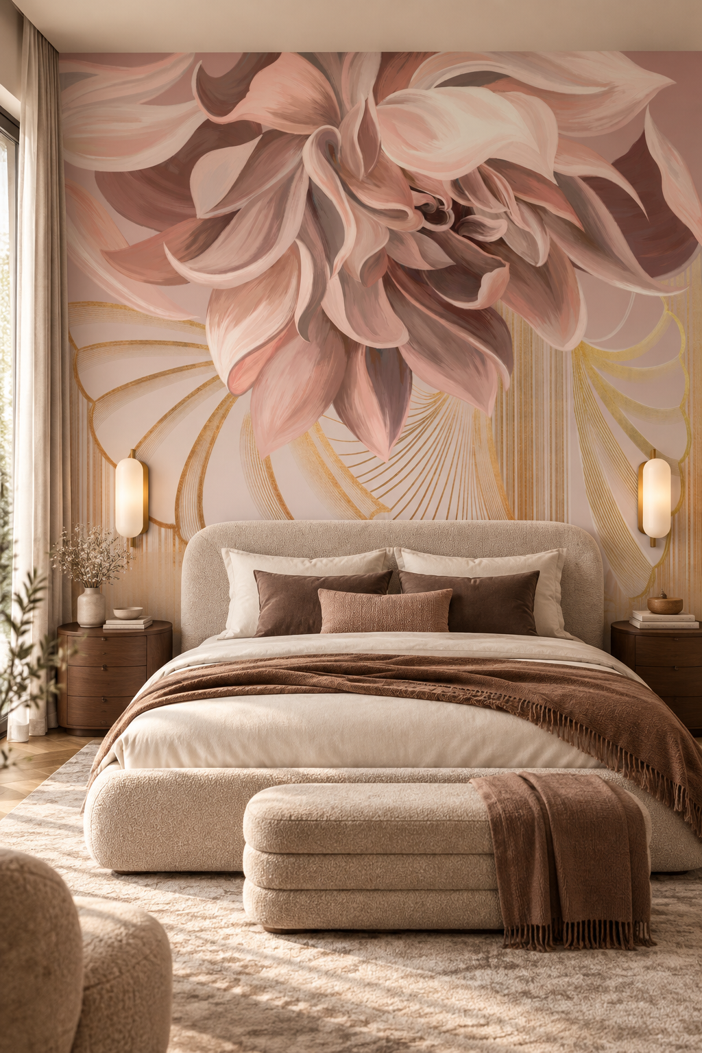 Papier peint floral abstrait Éclat Sépia en tête de lit dans une chambre parentale