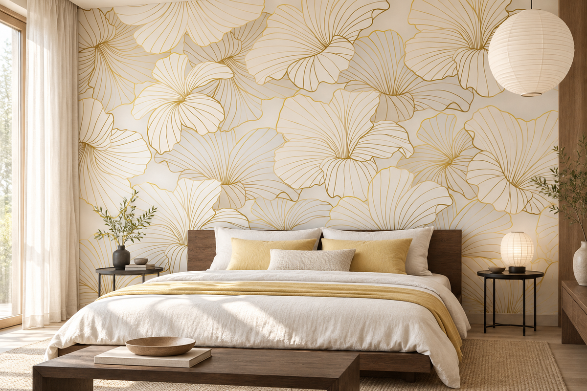 Papier peint Éventail Doré derrière un lit dans une chambre parentale lumineuse