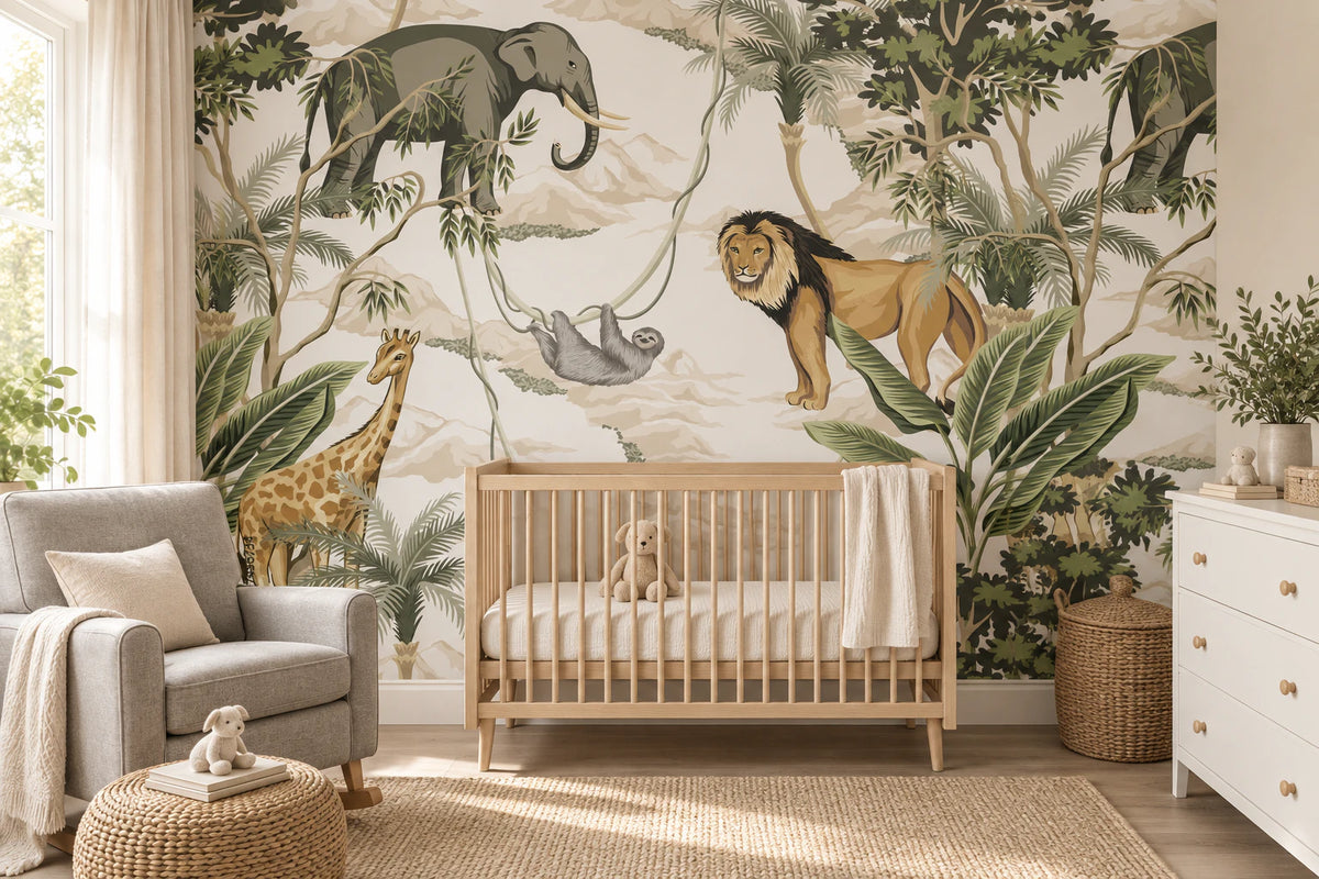 Papier peint panoramique Lion girafe et éléphant - Chambre Bébé