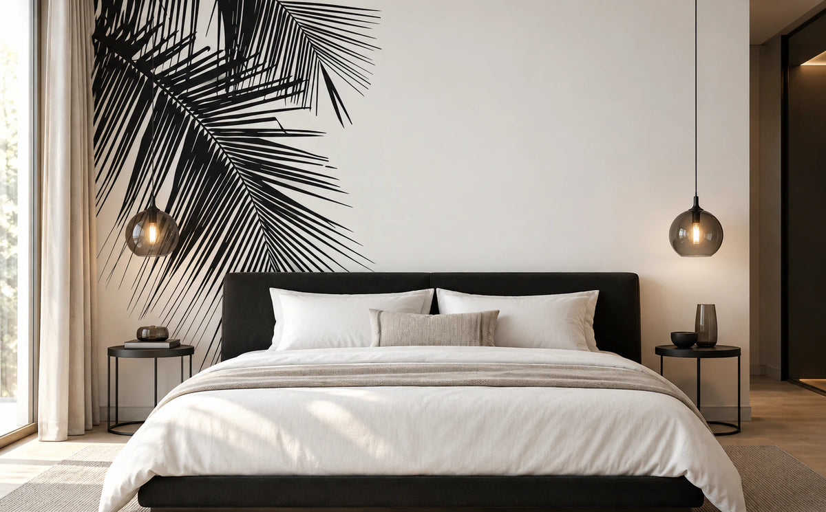Papier peint feuille de palmier noir et blanc - Chambre Parentale