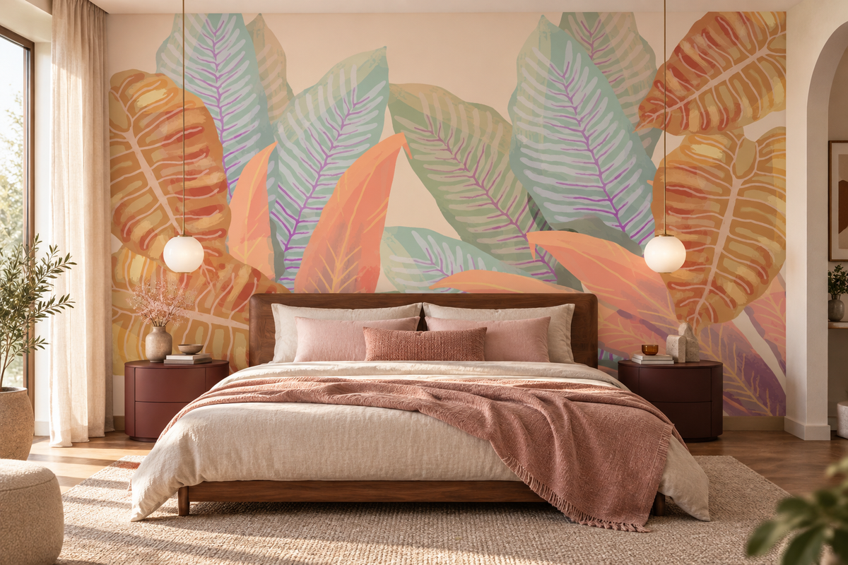 Décor mural Feuilles Sorbet en tête de lit dans une chambre parentale douce et colorée