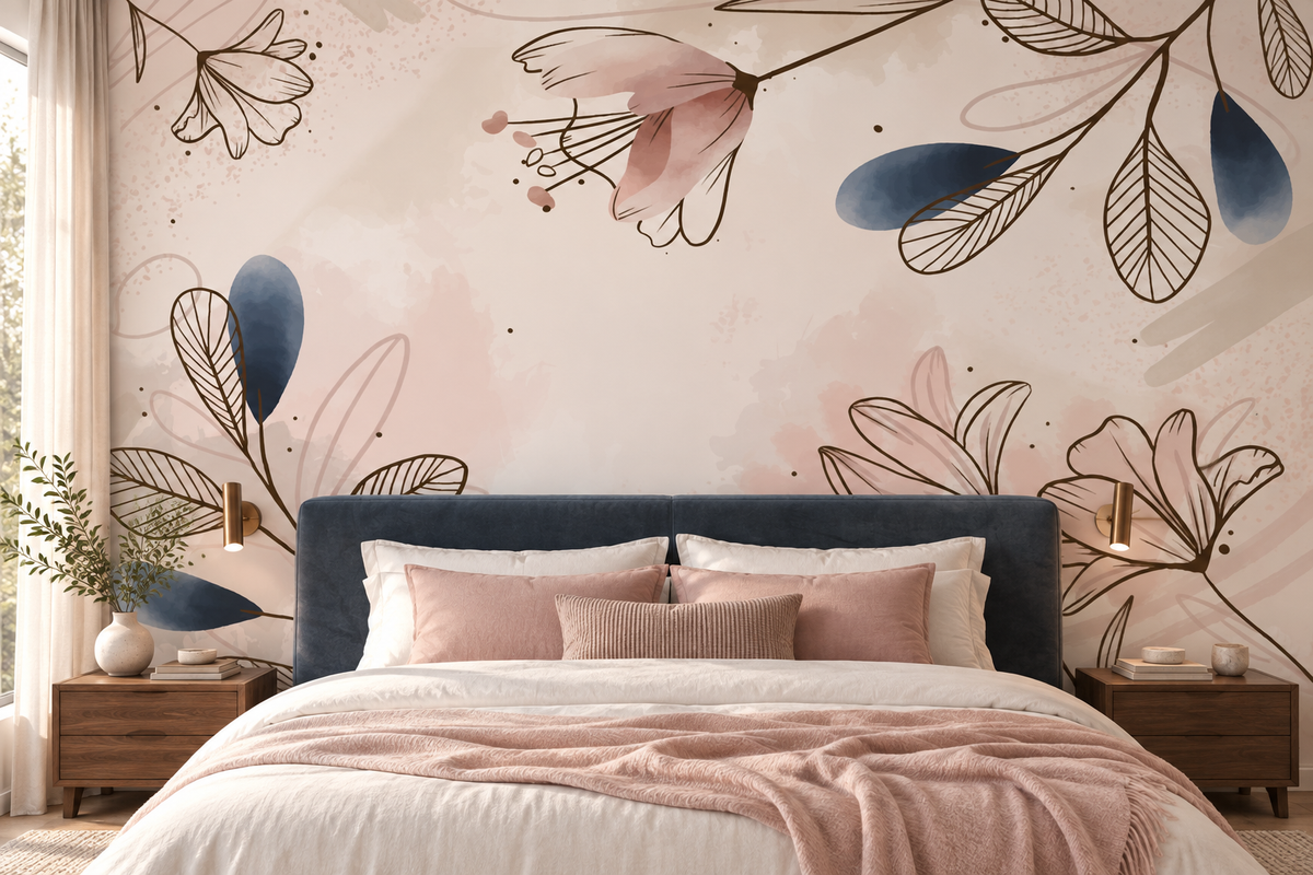 Décor mural floral Floraison Poudrée en tête de lit dans une chambre rose et crème