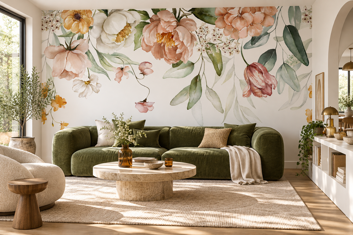 Décor mural floral Guirlande Poudrée au-dessus d’une tête de lit aux textiles écrus