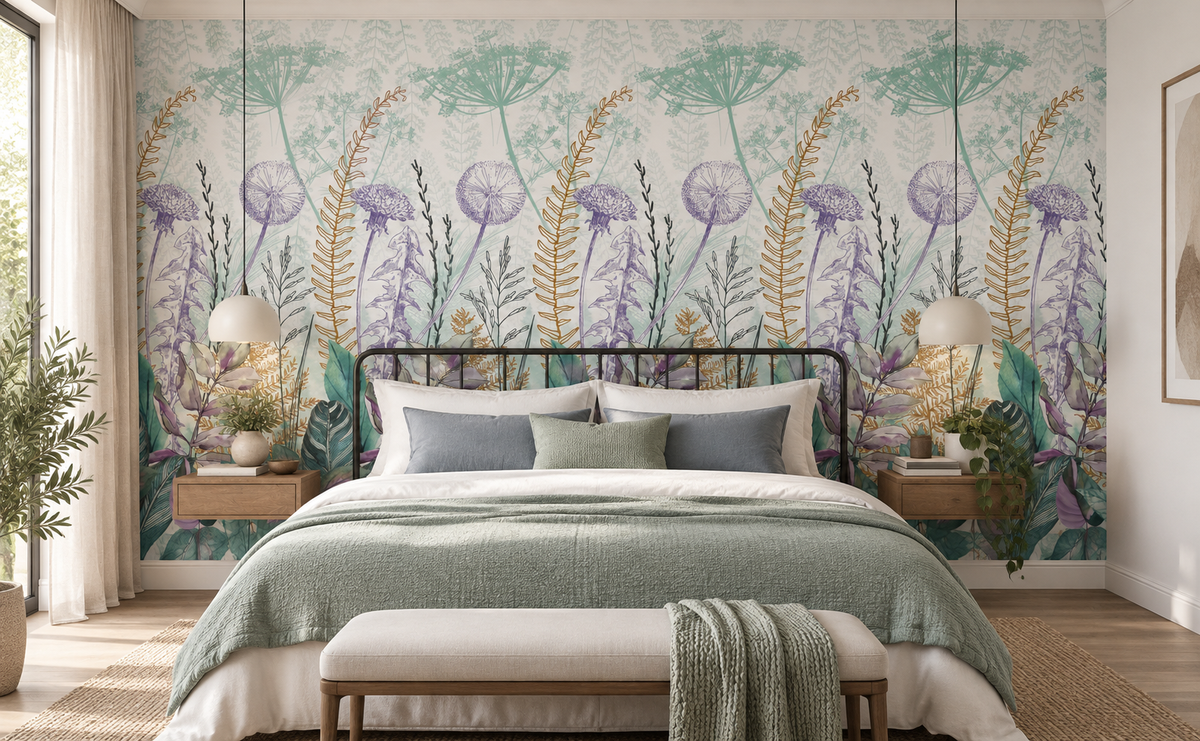 Décor mural botanique Herbier Opalin sur le mur principal d’un {room}