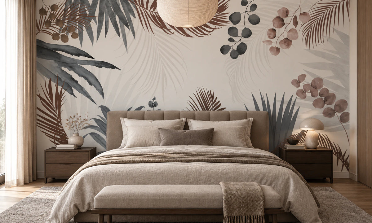 Papier peint panoramique Herbier Sépia derrière une tête de lit dans une chambre parentale feutrée