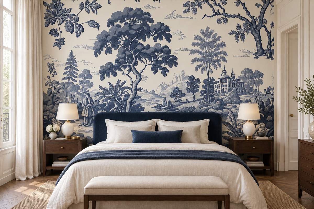 Papier peint bleu indigo Jardin d’Indigo en tête de lit dans une chambre élégante