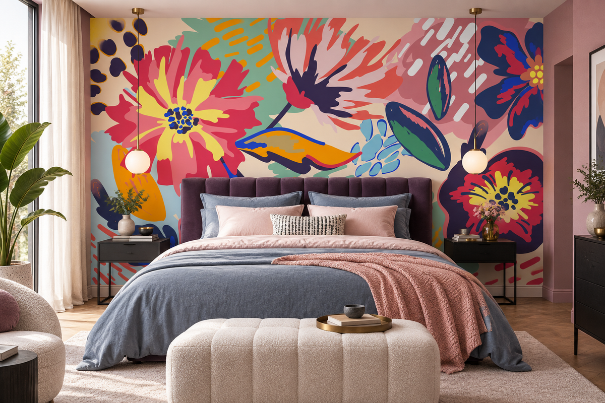 Papier peint panoramique Jardin Éclatant en tête de lit dans une chambre parentale expressive