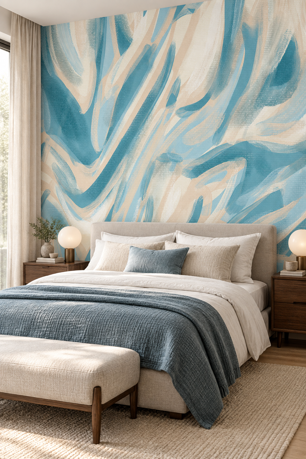Papier peint abstrait Marées Graphiques en tête de lit dans une chambre lumineuse