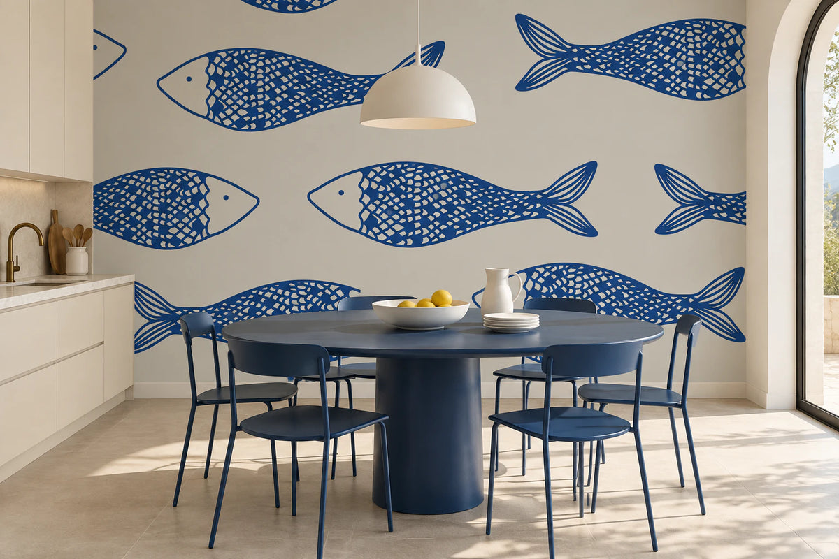 Papier peint panoramique Nage Indigo dans un espace repas bleu et beige