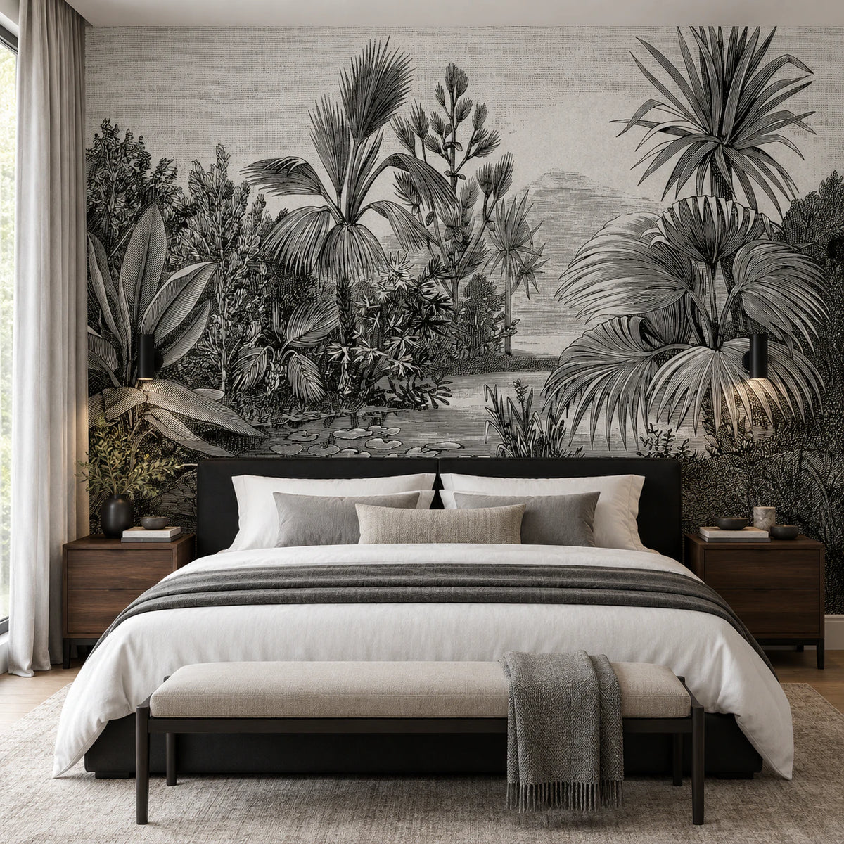 Papier peint panoramique dessin paysage tropical noir et blanc - Chambre Parentale