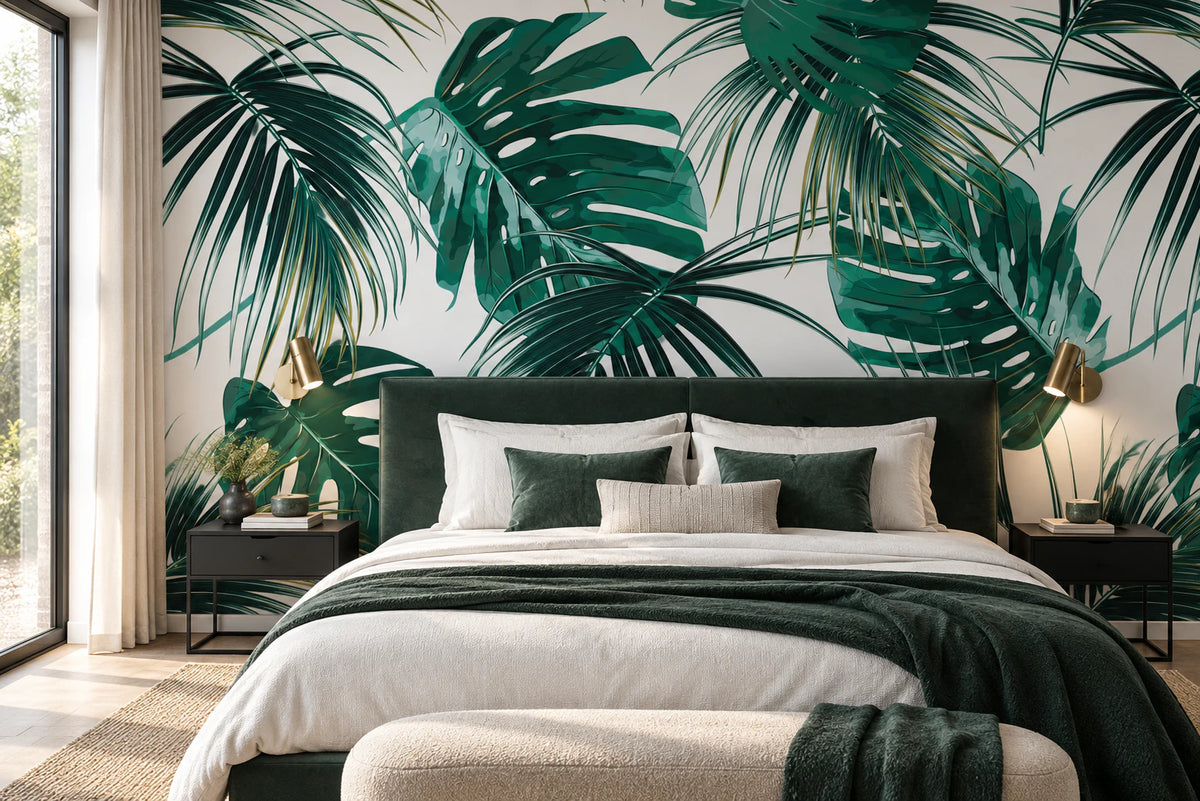 Papier peint panoramique feuille de monstera et de palmier - Chambre Parentale