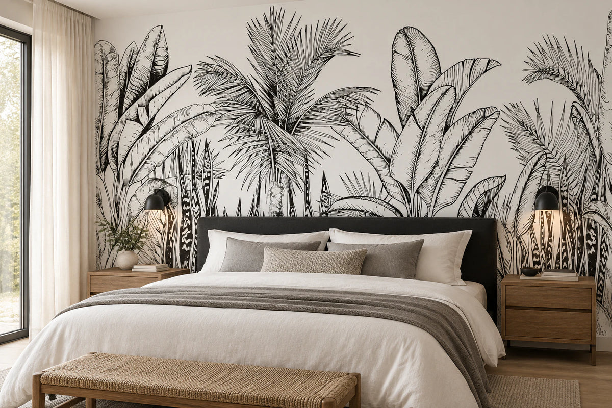 Papier peint panoramique forêt tropicale noir et blanc - Chambre Parentale