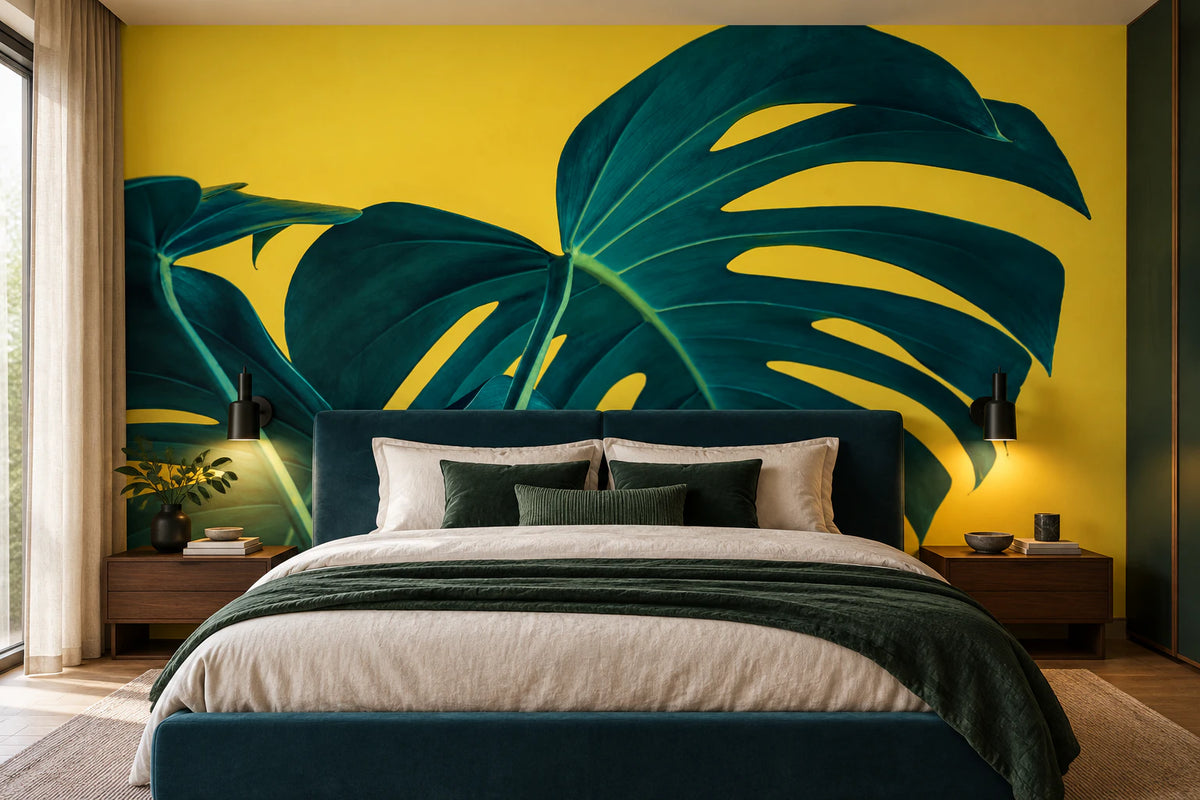 Papier peint panoramique grande feuille de monstera fond jaune - Chambre Parentale