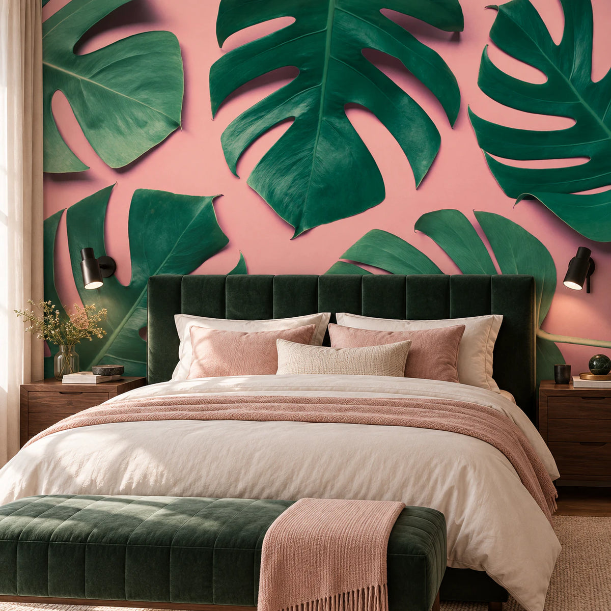 Papier peint panoramique grande feuille de monstera fond rose - Chambre Parentale