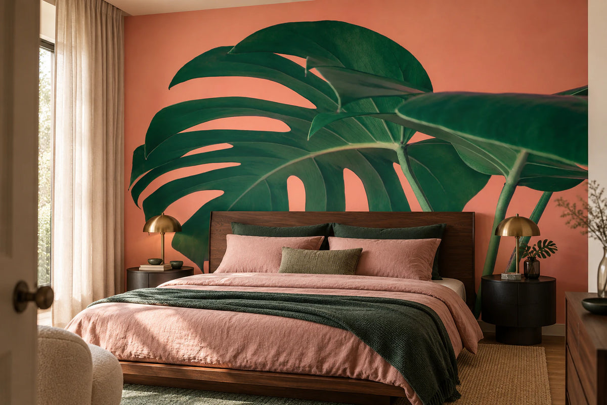 Papier peint panoramique grande feuille de monstera fond orange - Chambre Parentale