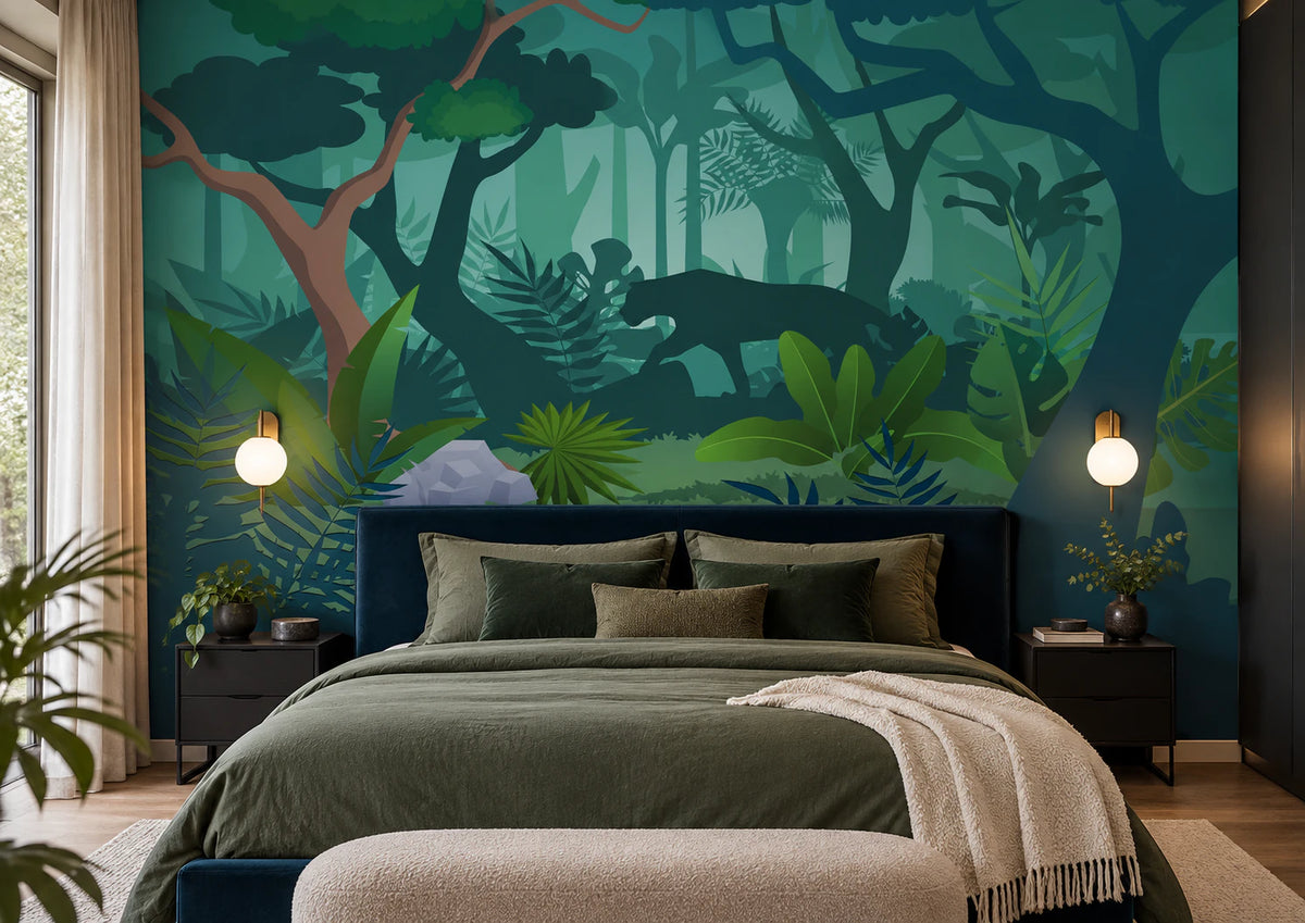 Papier peint panoramique panthère dans la forêt tropicale - Chambre Parentale