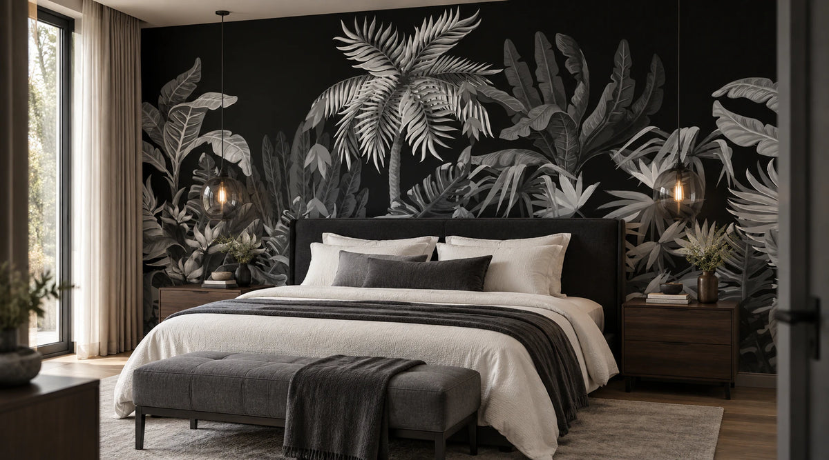 Papier peint panoramique jungle luxuriante noir et blanc - Chambre Parentale