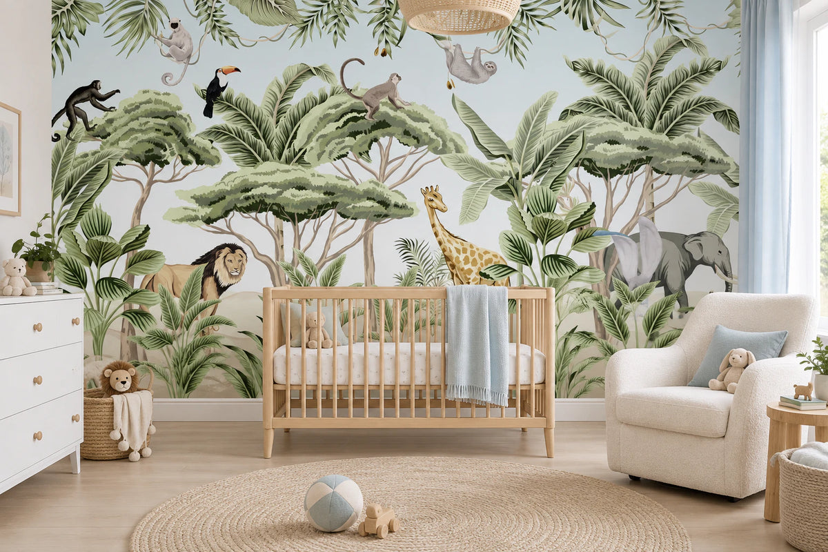 Papier peint panoramique paysage tropical et animaux exotiques - Chambre Bébé