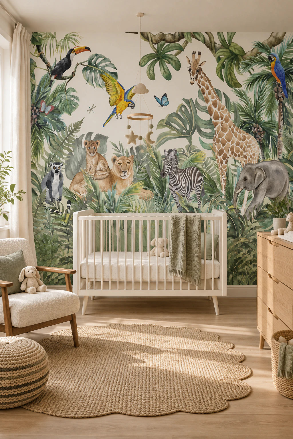 Papier peint panoramique lion perroquet et girafe - Chambre Bébé