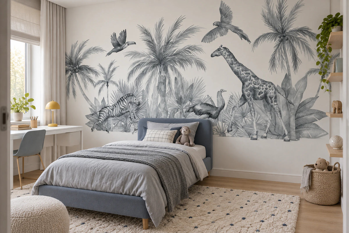 Papier peint panoramique faune sauvage noir et blanc - Chambre Enfant