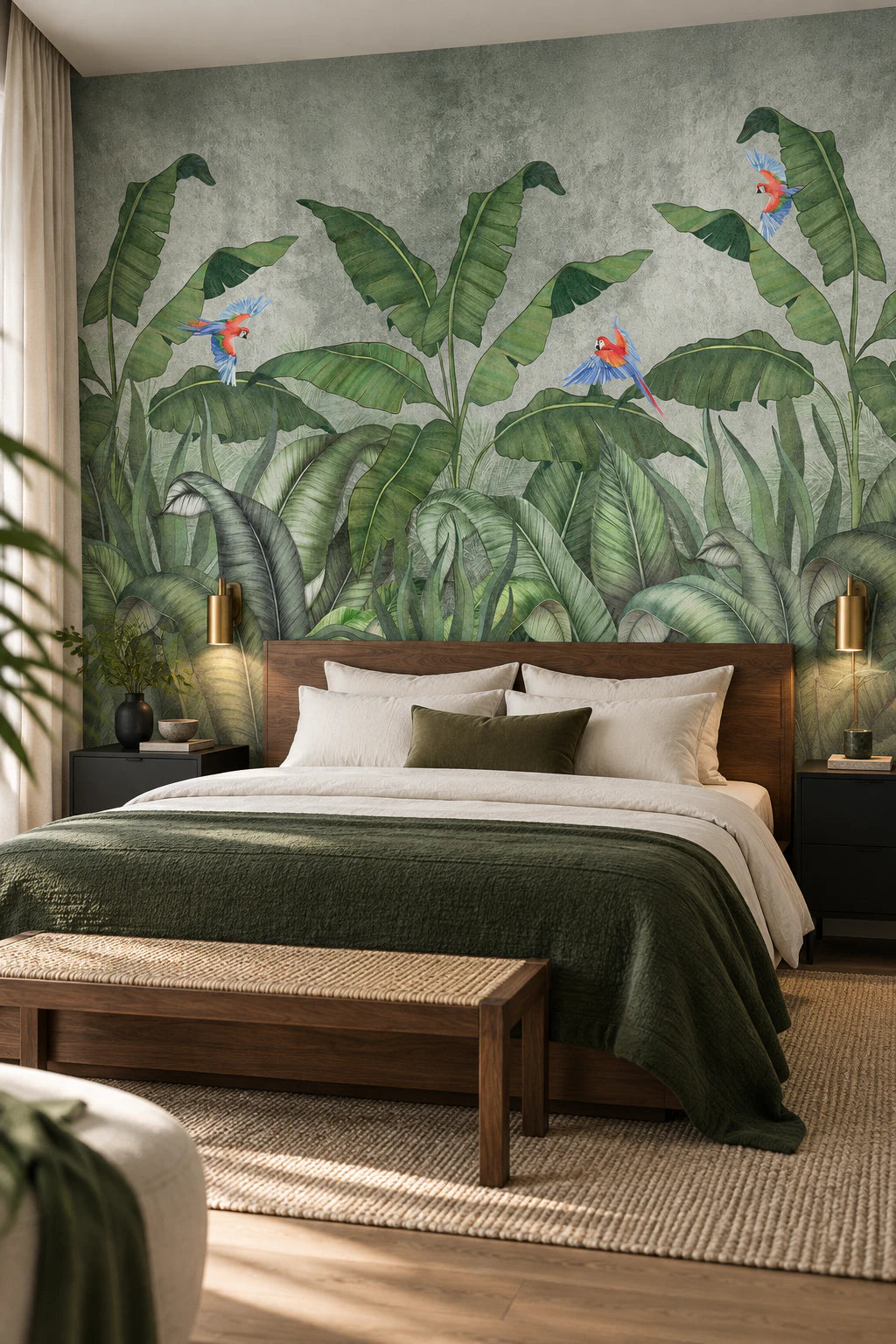 Papier peint panoramique Perroquets Émeraude - Chambre Parentale