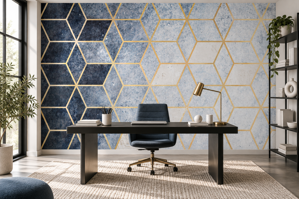 Papier peint géométrique bleu et doré Prisme Boréal dans un {room} lumineux