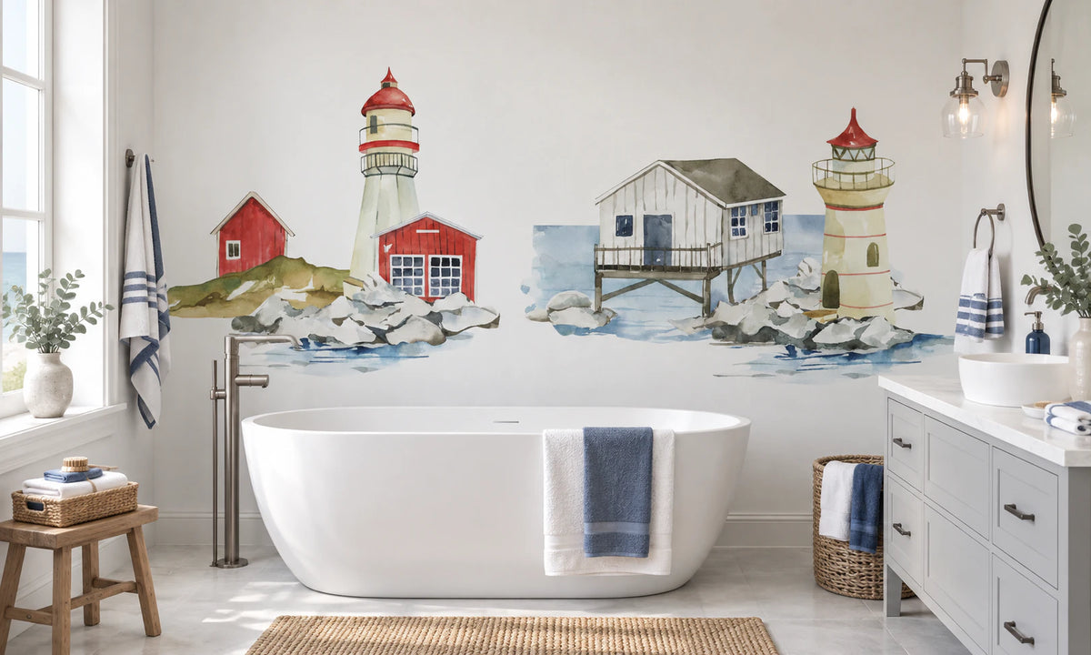 Papier peint illustré avec phares et cabanes dans une salle de bain