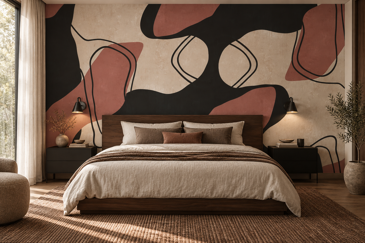 Papier peint abstrait Rivages Bruns installé derrière une tête de lit design
