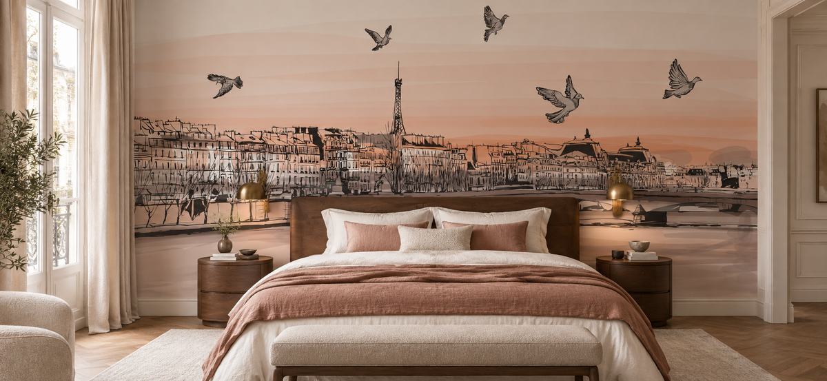 Papier peint panoramique parisien Rive des Pigeons en tête de lit dans une chambre élégante