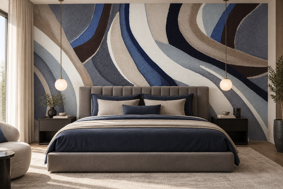 Papier peint abstrait Rives Graphiques en tête de lit dans une chambre parentale