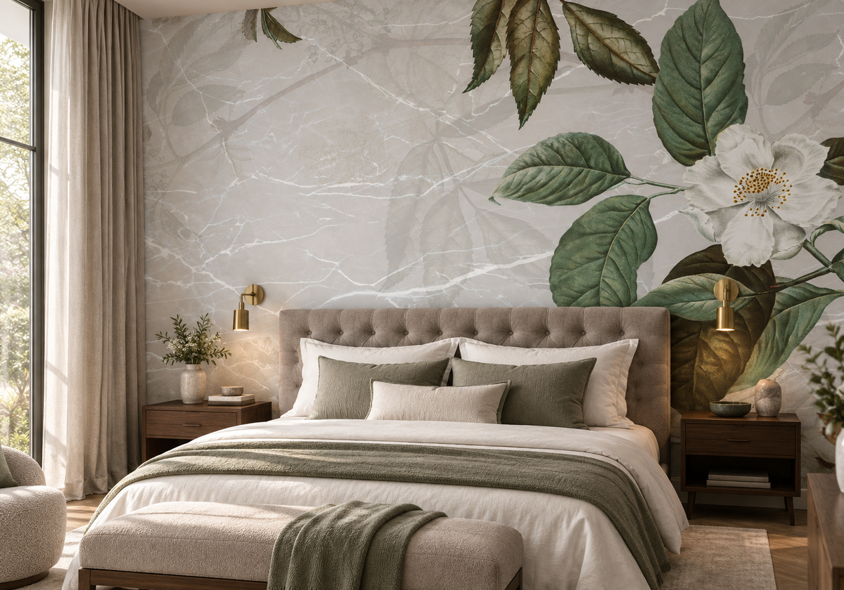 Décor mural floral Rose de Marbre en tête de lit dans une chambre élégante