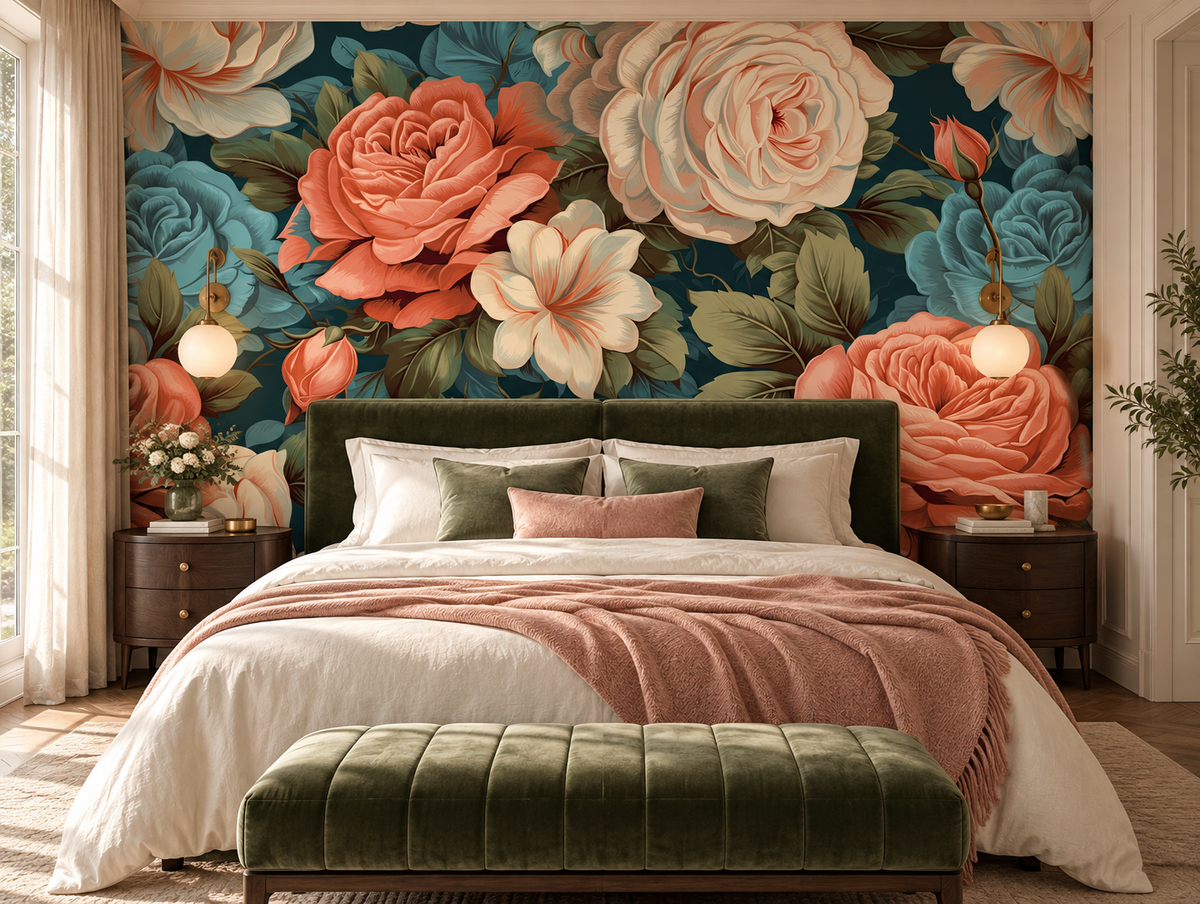 Papier peint panoramique Roses d’Écume en tête de lit dans une chambre parentale élégante