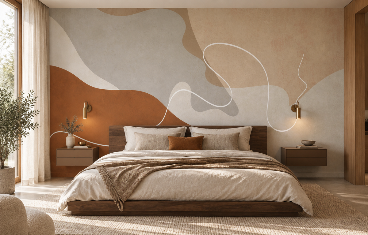 Papier peint abstrait Sillage Ocre en tête de lit dans une chambre parentale chaleureuse