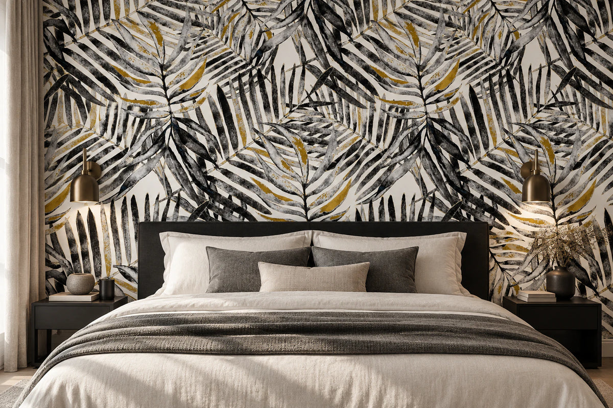 Papier peint sur mesure feuille tropicale noir et blanc - Chambre Parentale