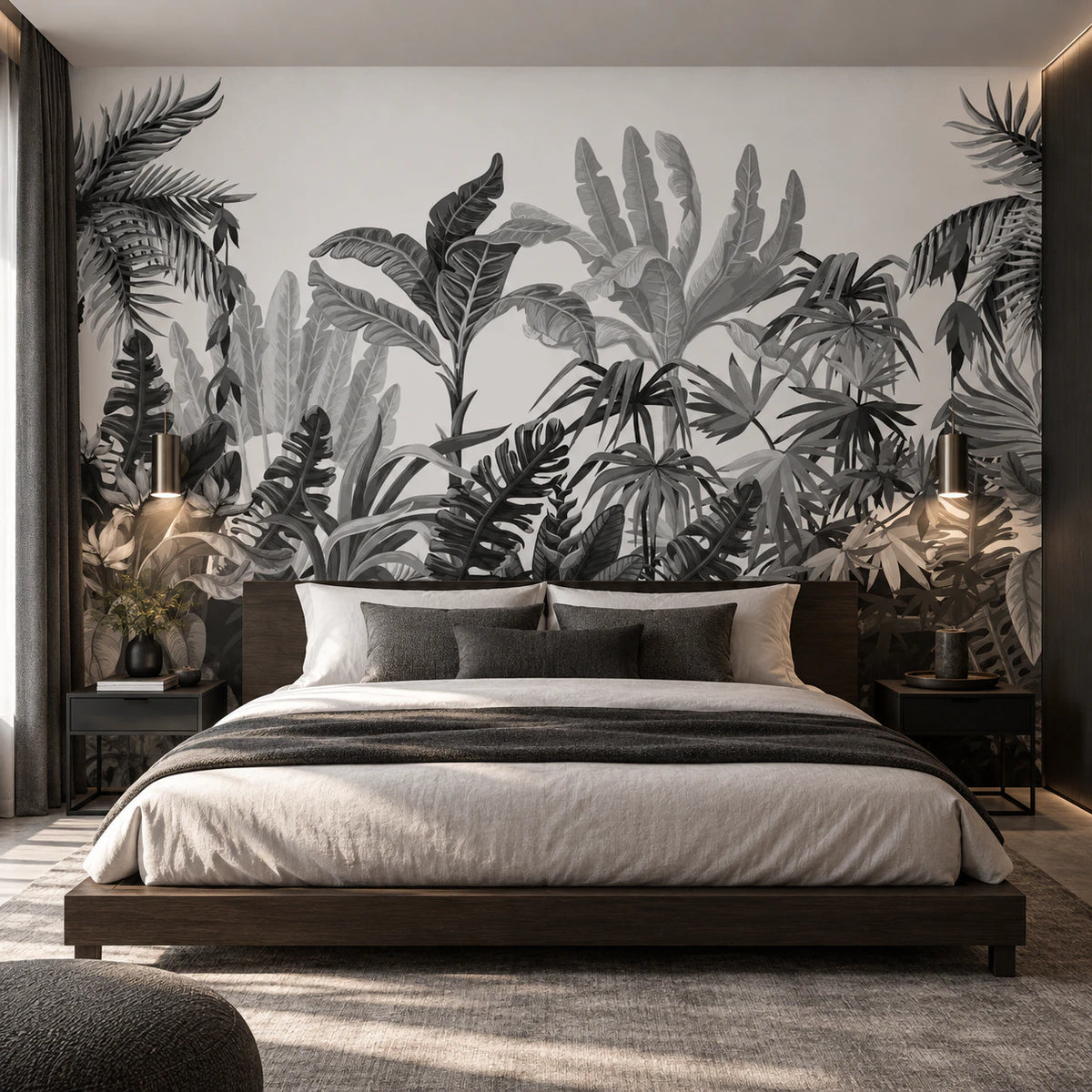 Papier peint panoramique jungle noir et blanc - Chambre Parentale