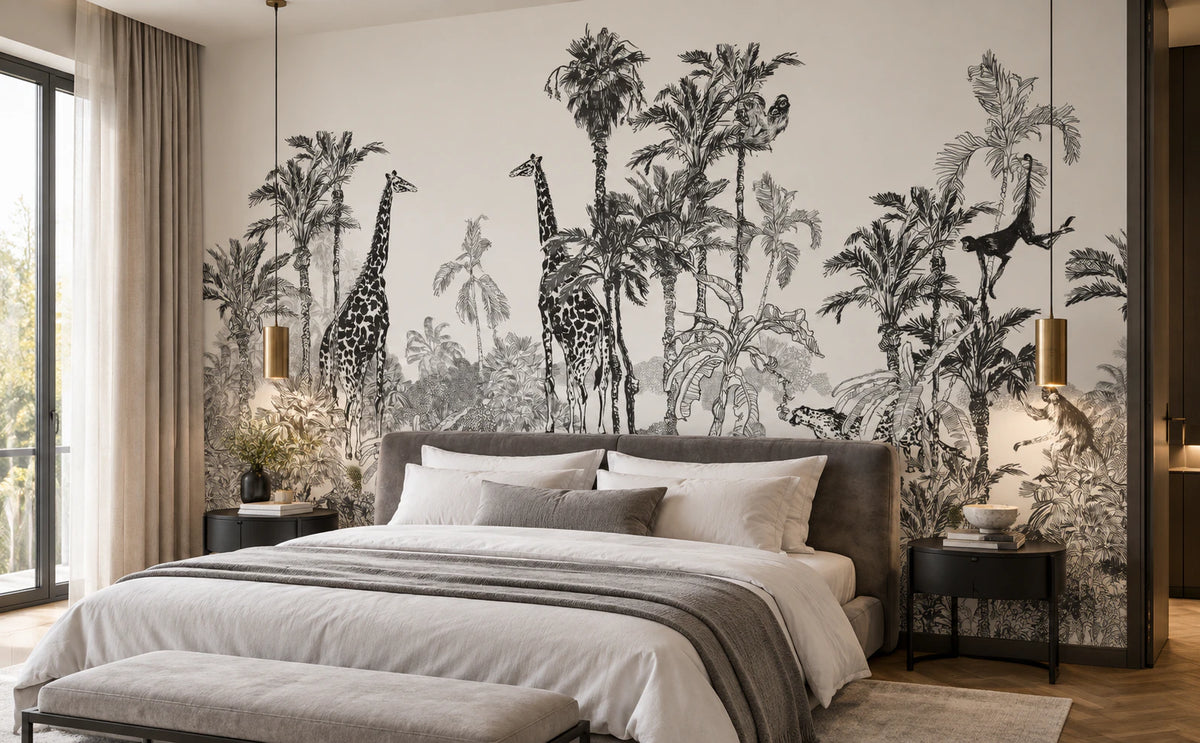 Papier peint girafe dans la savane noir et blanc - Chambre Parentale