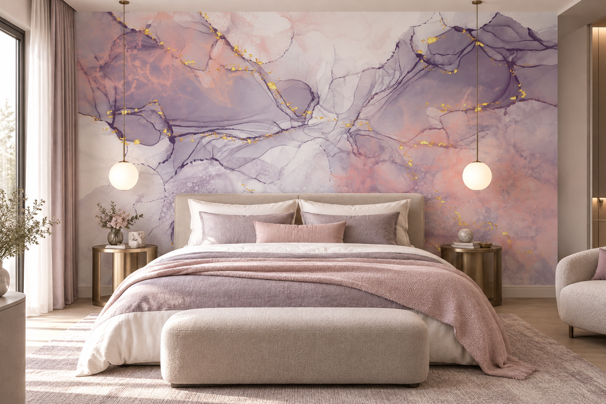 Papier peint abstrait rose et mauve Veines de Poudre en tête de lit d’une chambre parentale