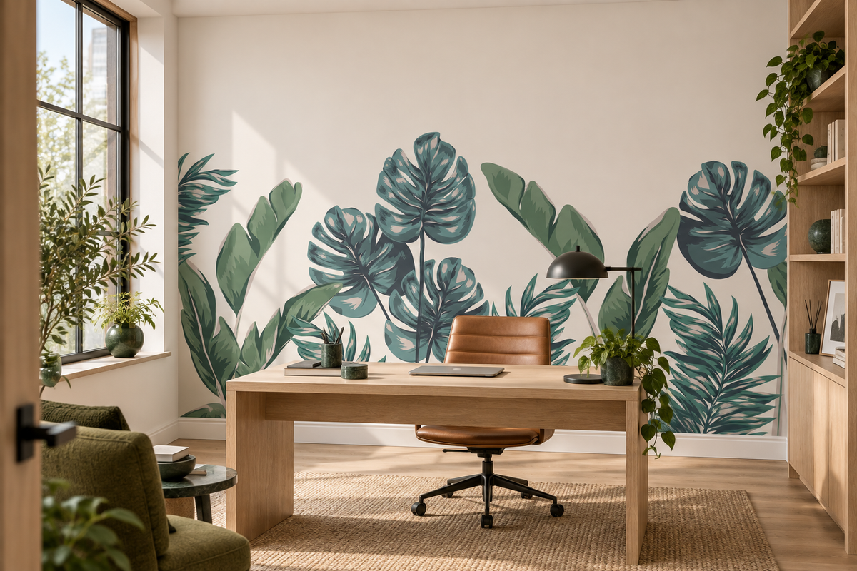 Papier peint Feuillage Opalin sur un mur panoramique dans un bureau contemporain