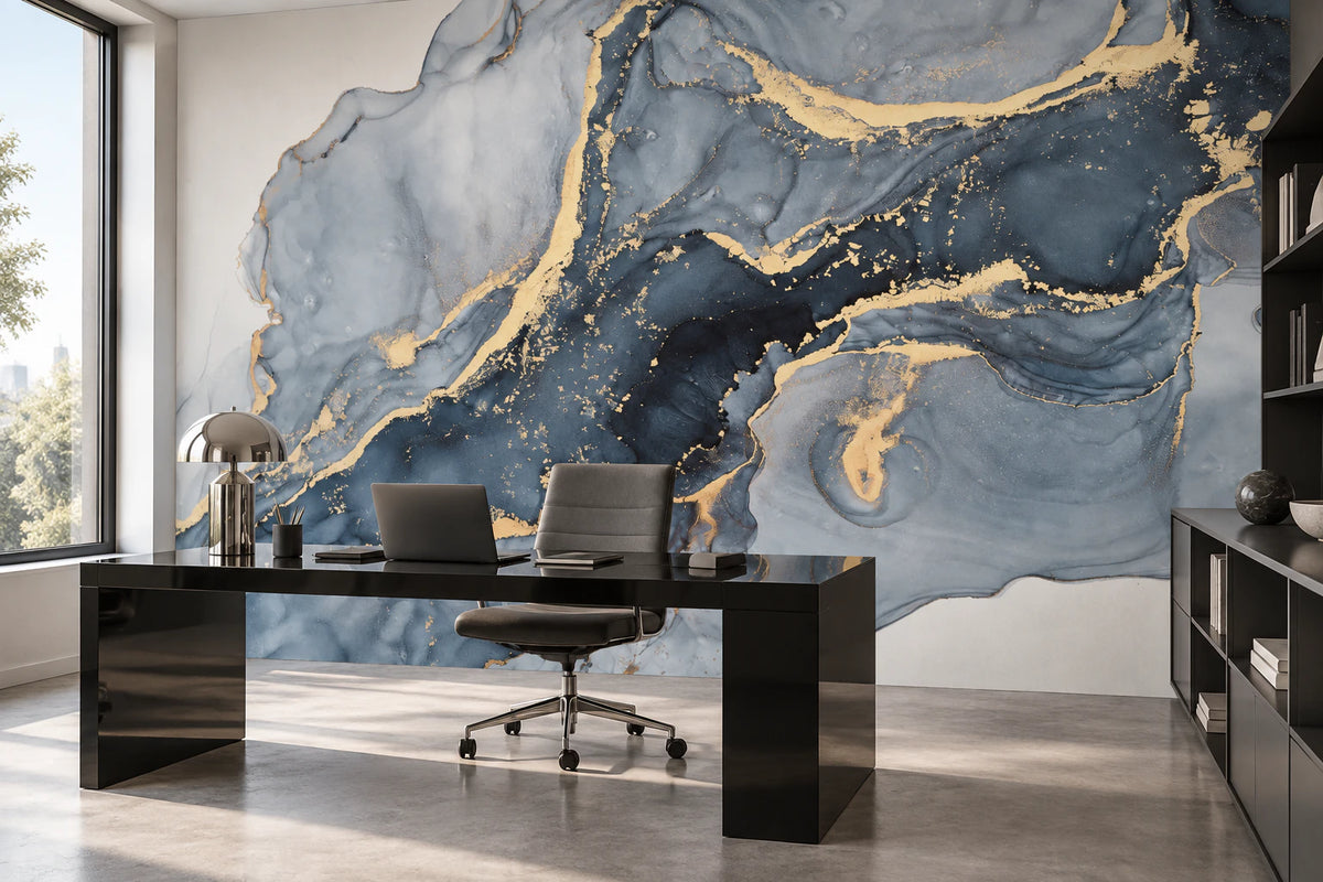 Papier peint panoramique marbre bleu et doré - Bureau