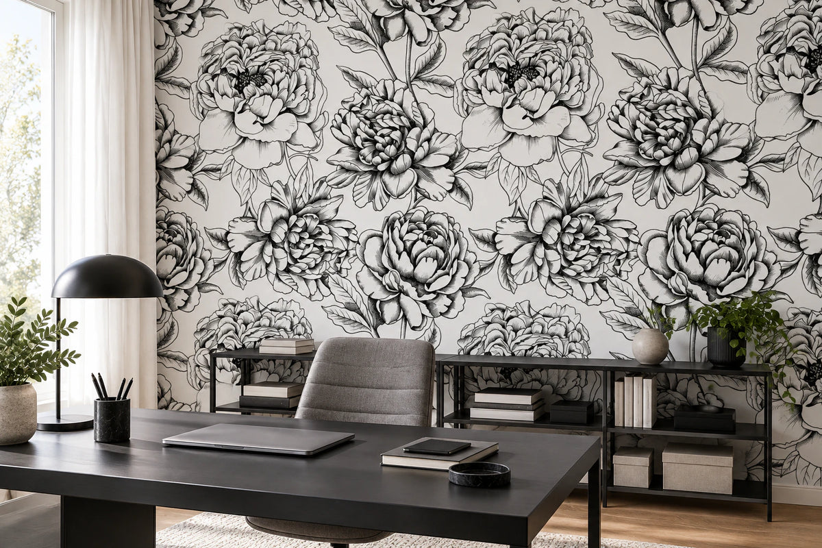 Papier peint panoramique illustration floral noir et blanc - Bureau