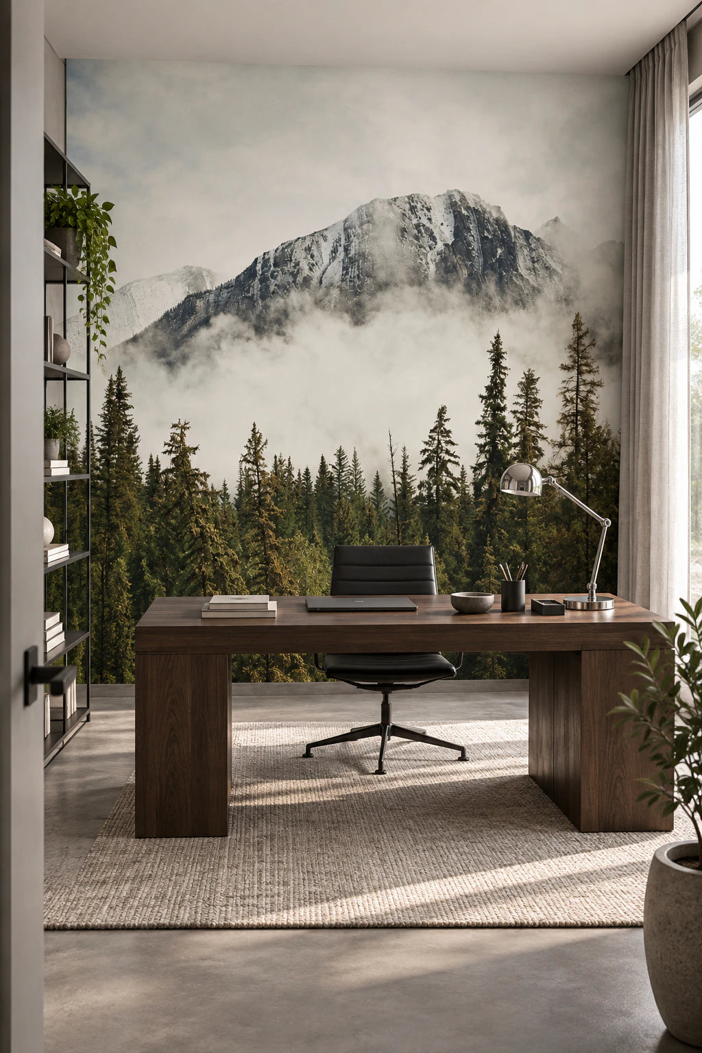 Papier peint panoramique brume et montagne enneigée - Bureau