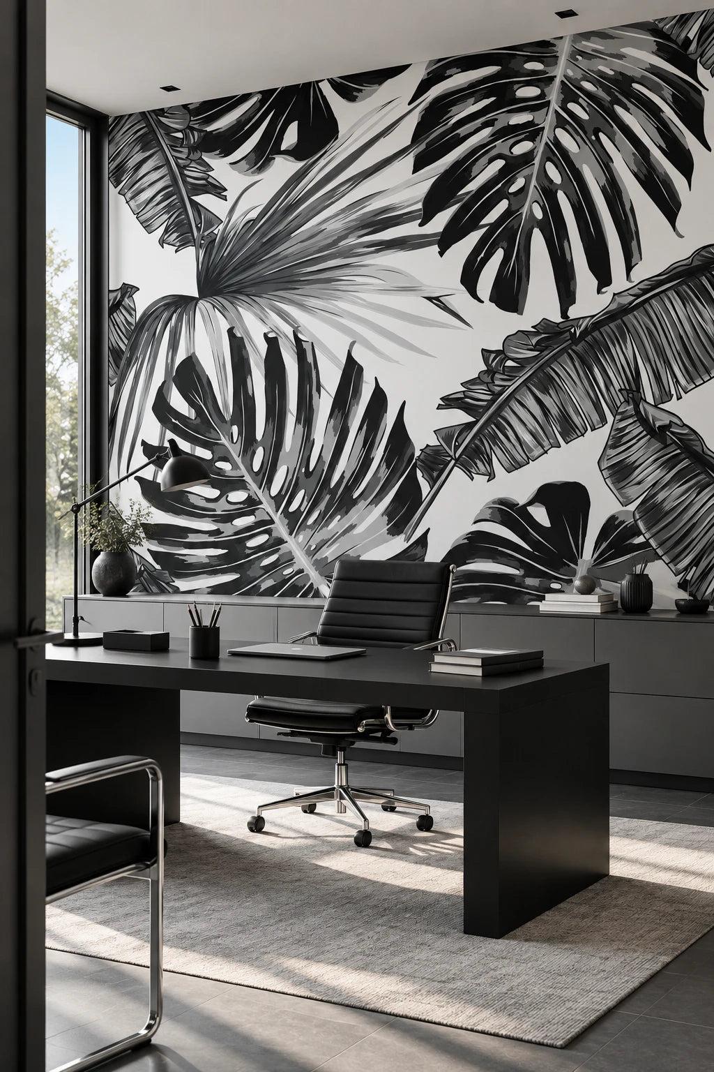 Papier peint panoramique monstera noir et blanc - Bureau