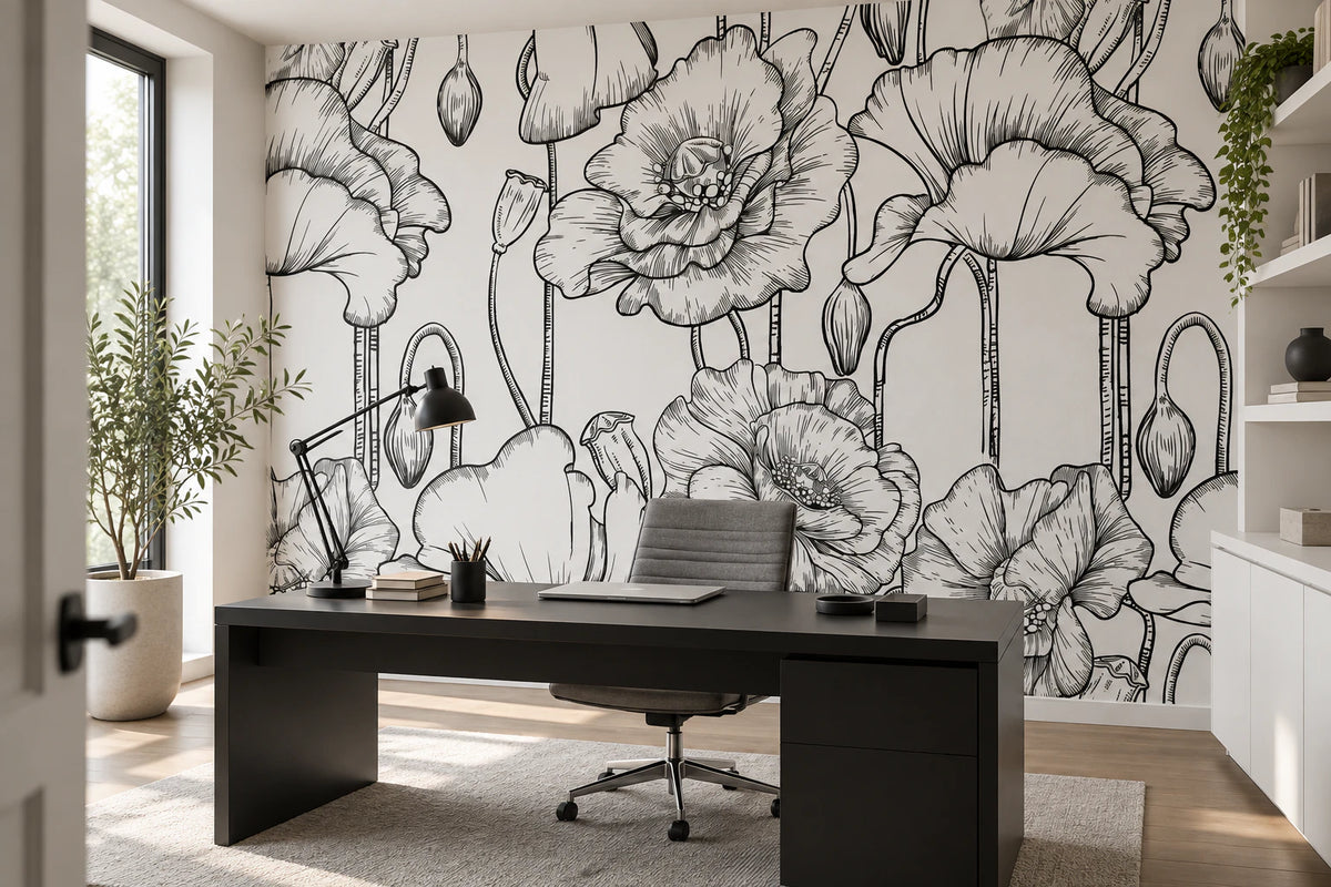Papier peint panoramique illustration coquelicot noir et blanc - Bureau