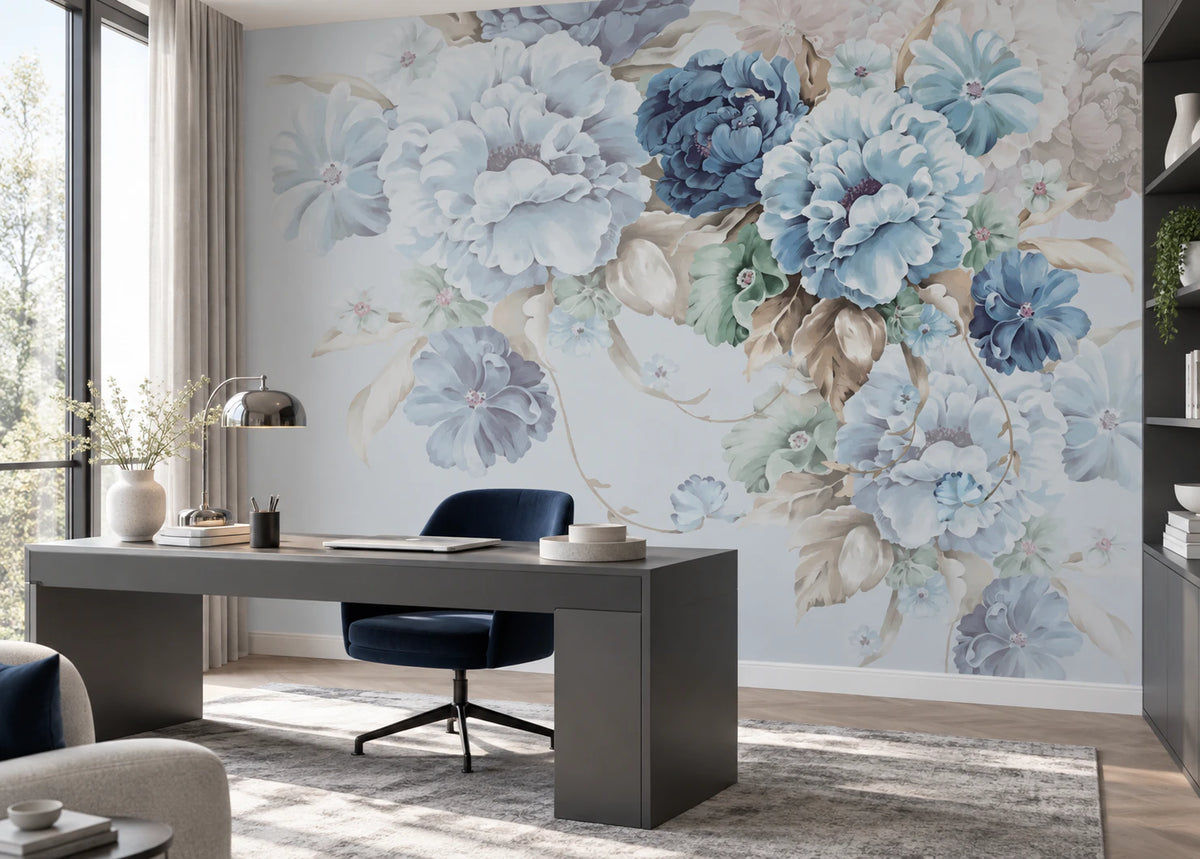 Papier peint panoramique bouquet de fleurs bleues - Bureau