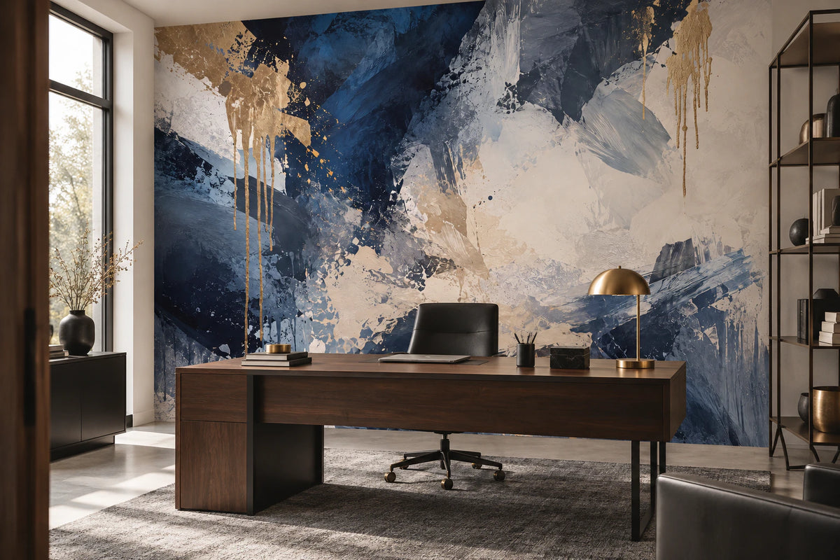 Papier peint abstrait Tempête Minérale – Bleu & Or - Bureau