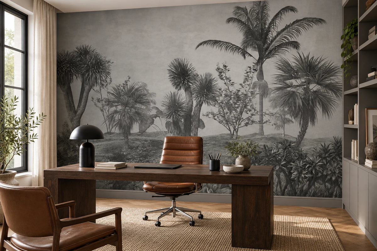 Papier peint jungle exotique noir et blanc - Bureau