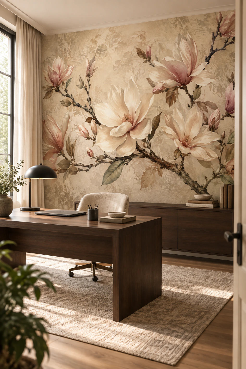 Papier peint panoramique Magnolias Poudrés - Fleurs beige et rose - Bureau